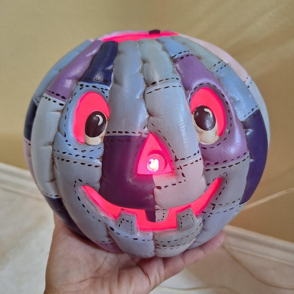 Vintage Patchwork Jack O Lantern Pumpkin Light Halloween Folk Art Cottagecore